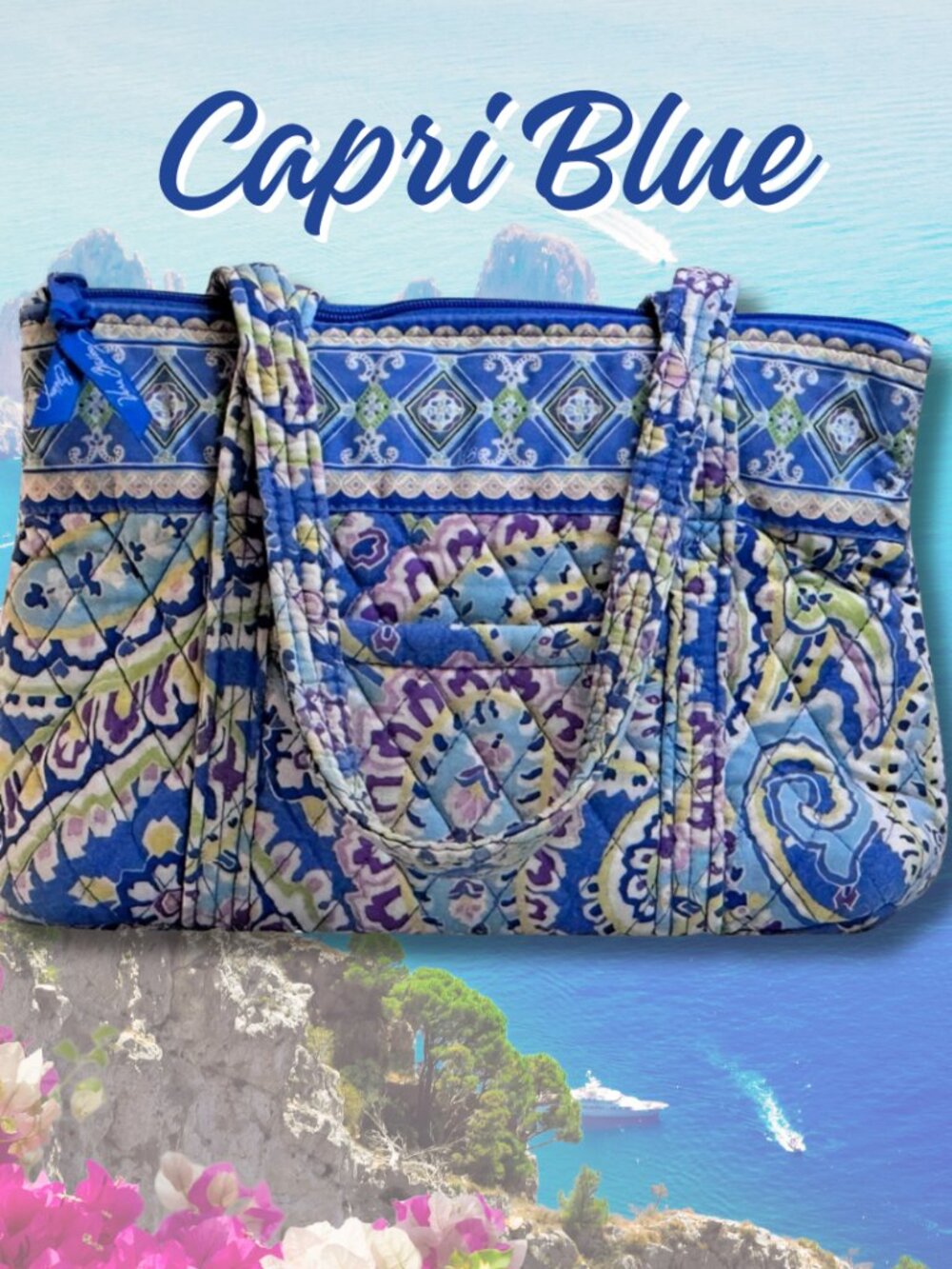 Vera Bradley Capri Blue Retired Y2K Quilted Cotton Small Shoulder Tote
